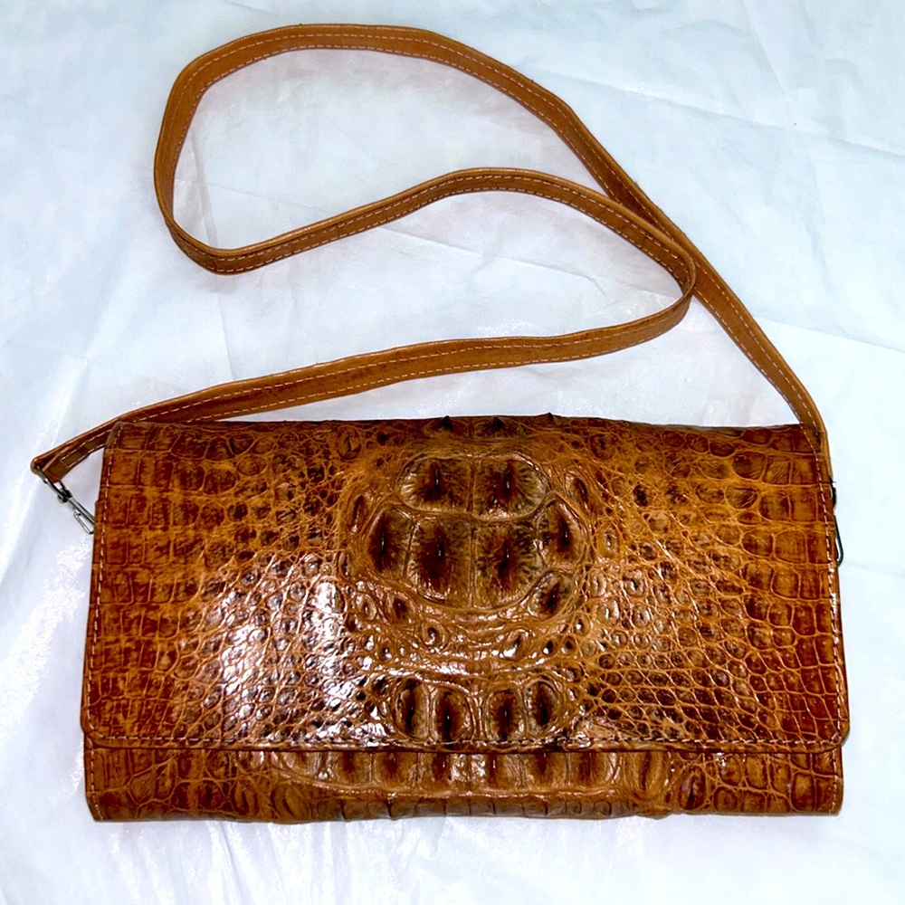 Brown Crocodile Embossed Leather Clutch